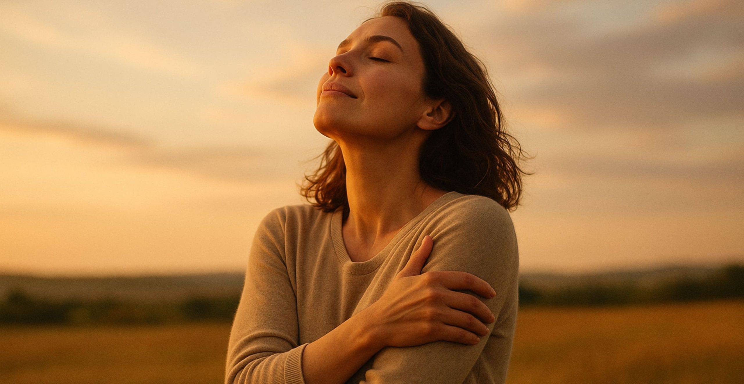 mujer-abrazandose-paz-interior-sanacion-emocional Mujer adulta abrazándose a sí misma al atardecer, con expresión de paz interior y plenitud emocional, simbolizando el cierre de un proceso de sanación.