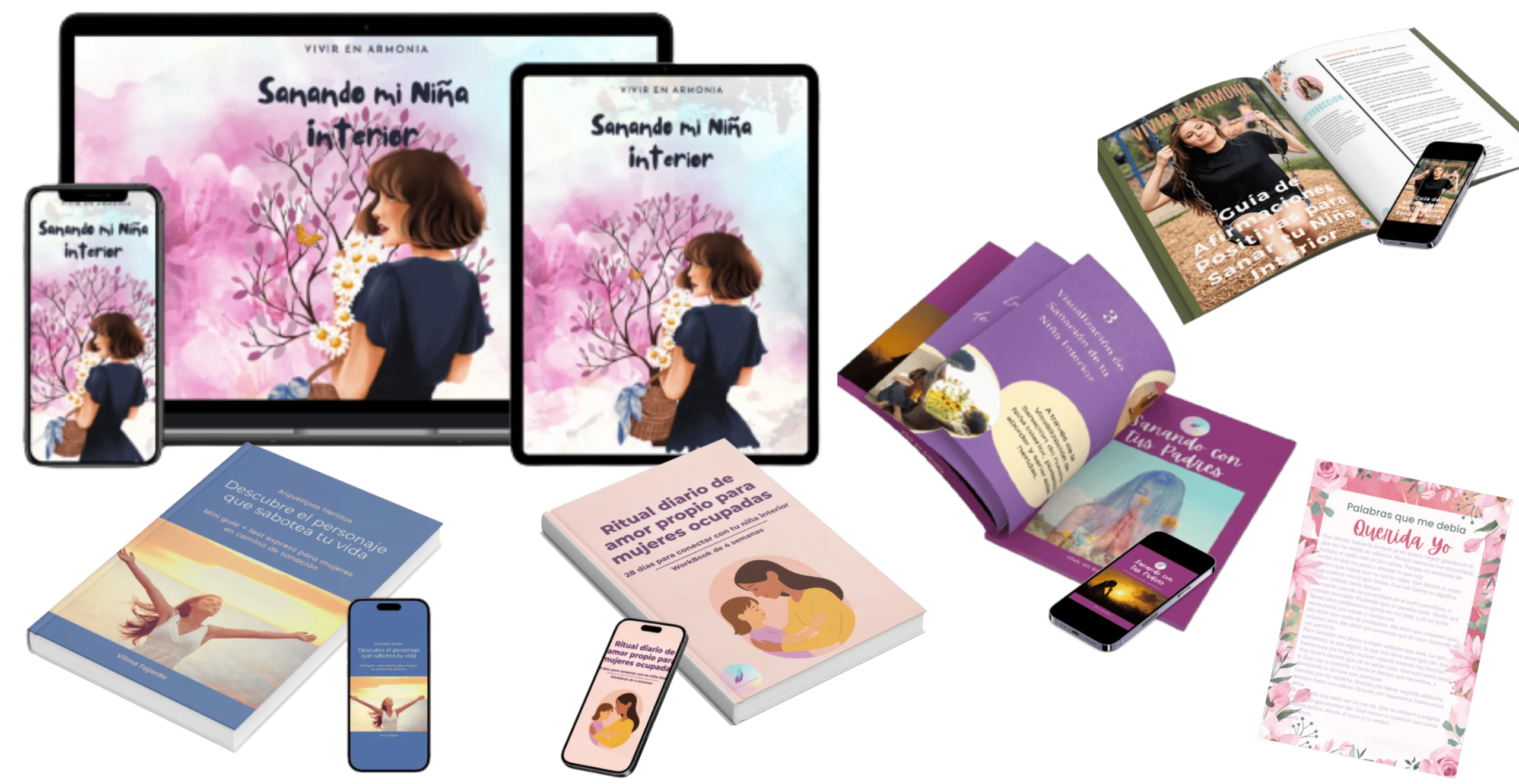 Guía Sanando Mi Niña Interior + Bonos Exclusivos | Vilma Fajardo Mockup digital de la guía Sanando mi Niña Interior con bonos: calendario de sanación, audios emocionales, diario de trabajo y recursos descargables.
