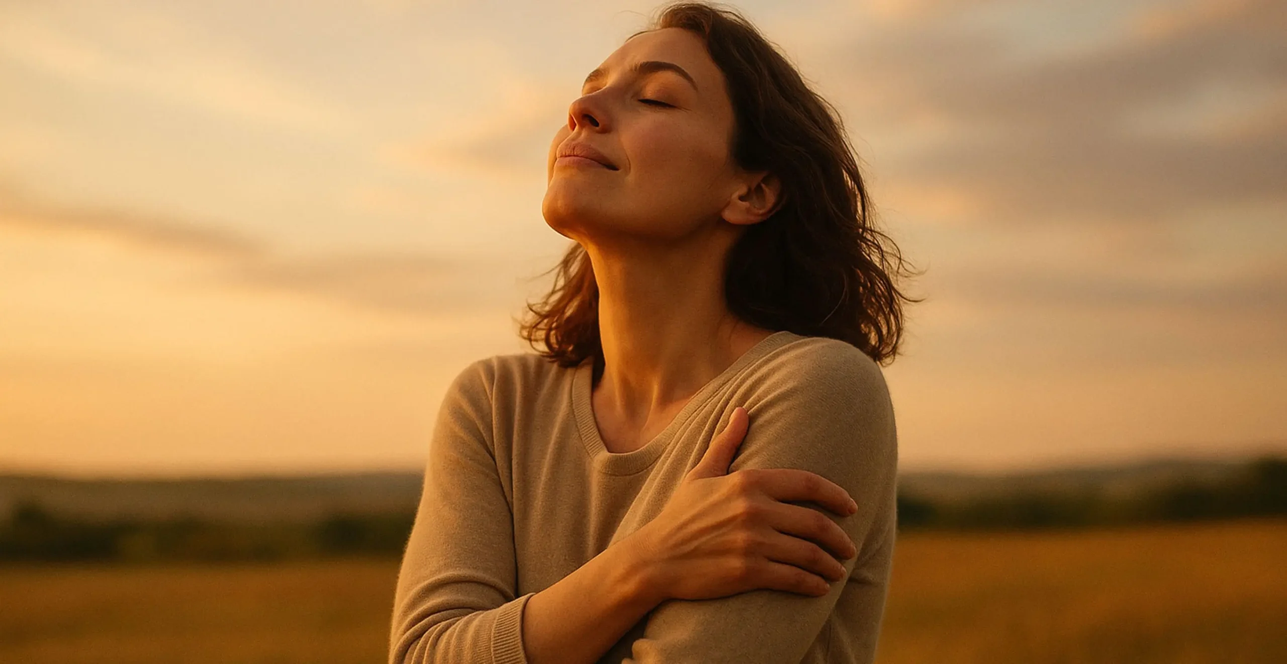 A woman hugging herself at sunset, eyes closed in peaceful surrender, symbolizing emotional healing, self-acceptance, and inner peace.